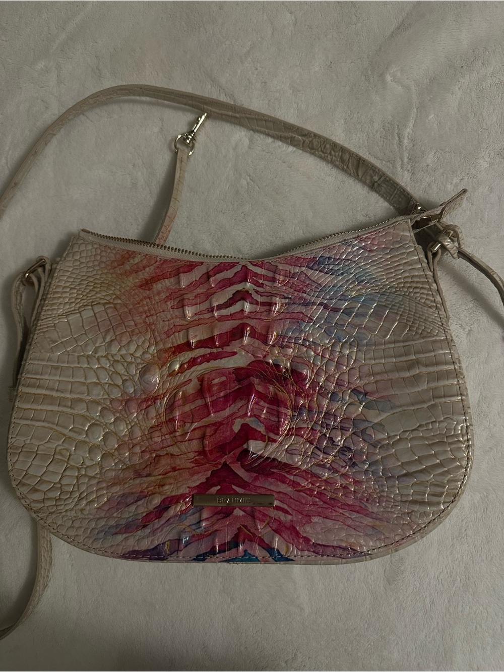 Brahmin Cream Croc-Embossed Shoulder Bag with Pink Watercolor Accent